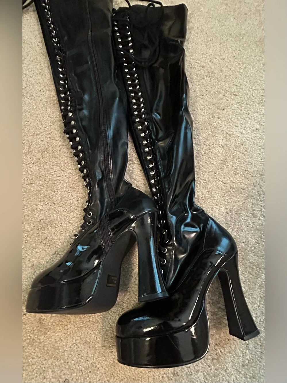 NIB Ellie Olivia+ Black Patent Thigh High Platform Lace Up Boots Size 9